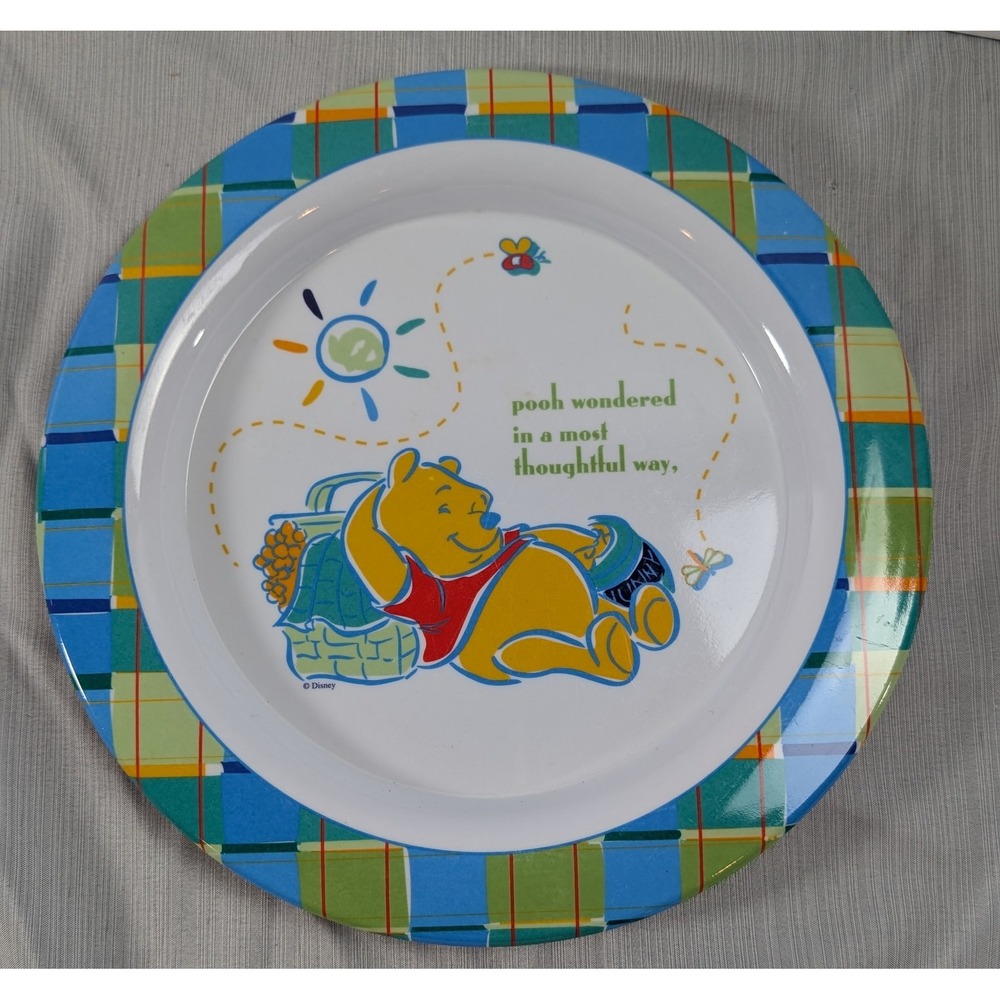 Disney Winnie the Pooh Melamine Plate Trudeau Plaid Picnic Thoughtful Way 8.5"